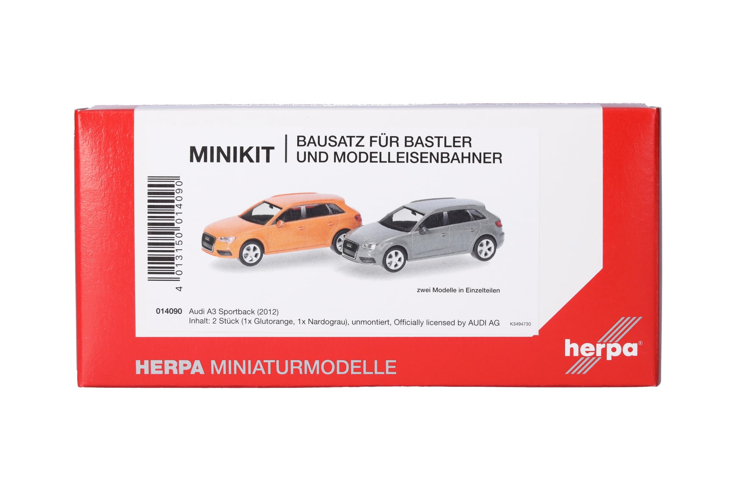Herpa model kit MiniKit Audi A3 Sportback (2012) in bright orange and Nardo gray, 2 pieces, 1:87 scale miniature, collectors item, model building kit, plastic