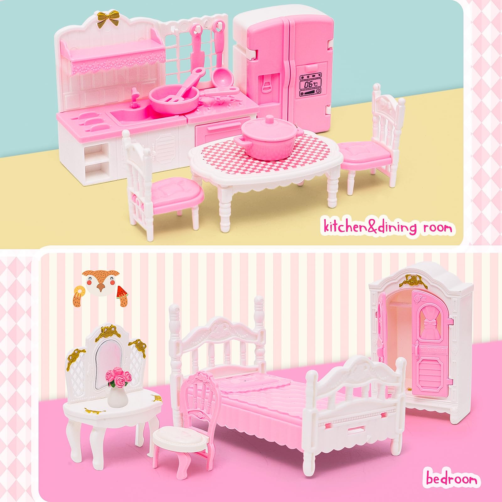 Casa de muñecas Mini muebles de 45 piezas de muebles de casa de muñecas, accesorios de juego de simulación, dormitorio, sala de estar, baño, cocina para niños, cumpleaños y Navidad, colores 2