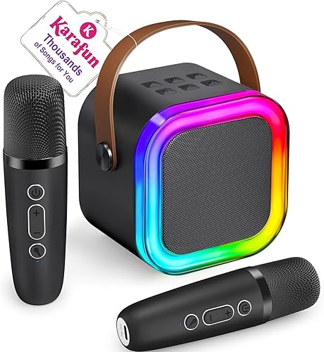 Máquina de karaoke para niños y adultos, minialtavoz Bluetooth portátil con 2 micrófonos inalámbricos y luces de fiesta, para celular, regalo de