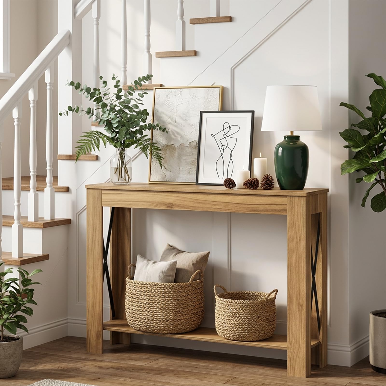 YATINEY Mesa de Consola con Almacenaje, Mesa de Sofá de Estilo Rústico, Mueble Estrecho de Recibidor, para Pasillo, Entrada de Escalera, Entrada, Marrón Claro XCT34VV