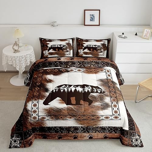 Juego de edredón de oso tamaño individual, decoración de granja occidental, ropa de cama con estampado de vaca marrón, decoración tribal bohemia, disponible en Yaxa Venezuela
