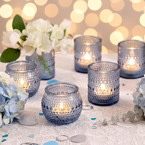 Miniatura 3 de 16 piezas de portavelas votivas azules surtidas - Portavelas de vidrio para luz de té para decoración de mesa de boda y despedida de soltera