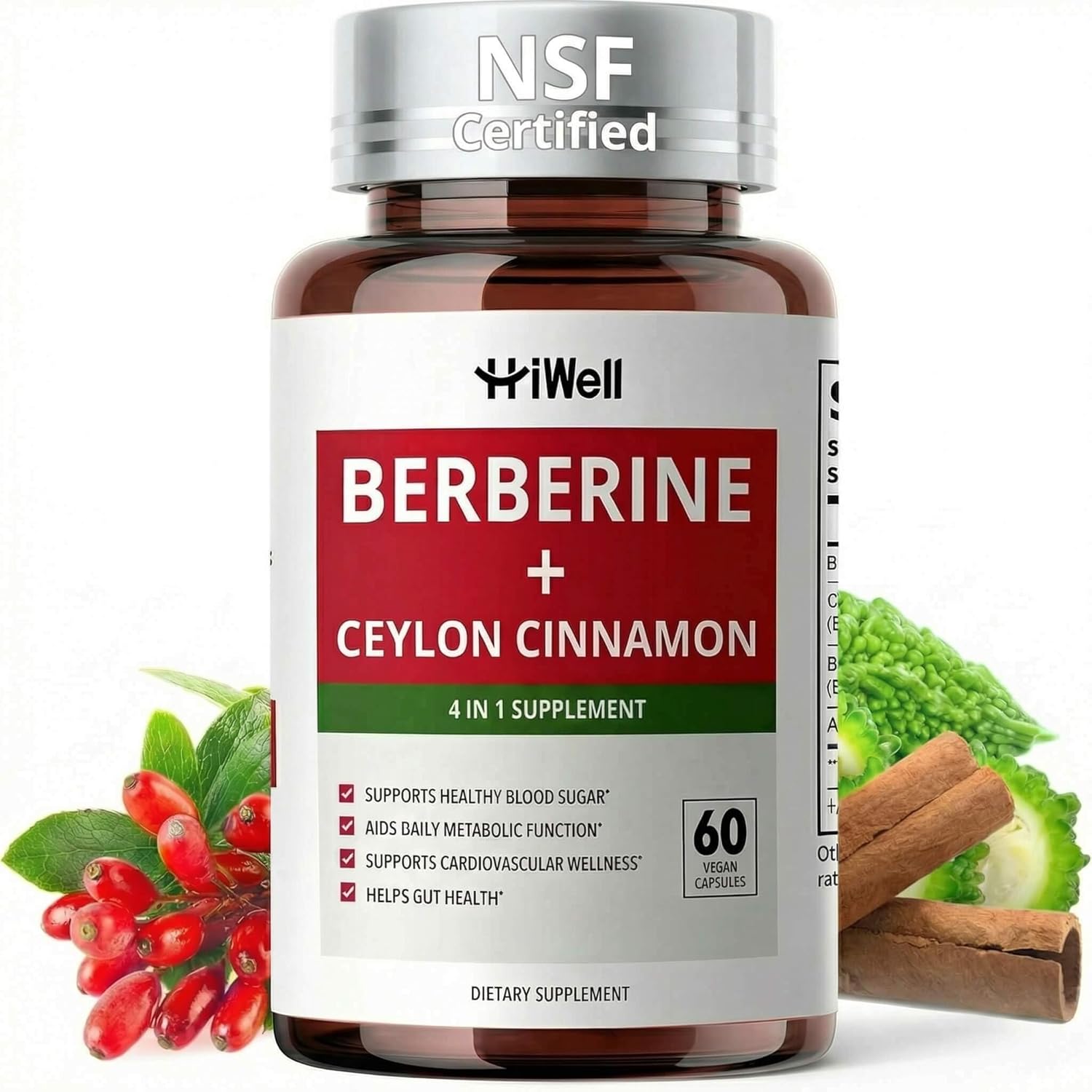 Berberine with Ceylon Cinnamon, 800mg Advanced 4-in-1 Synergy Berberine Supplement, Multi-Targeted Berberine Complex Support Blood Sugar, Cholesterol Health & Immune*, Gluten-Free, Non-GMO & Vegan