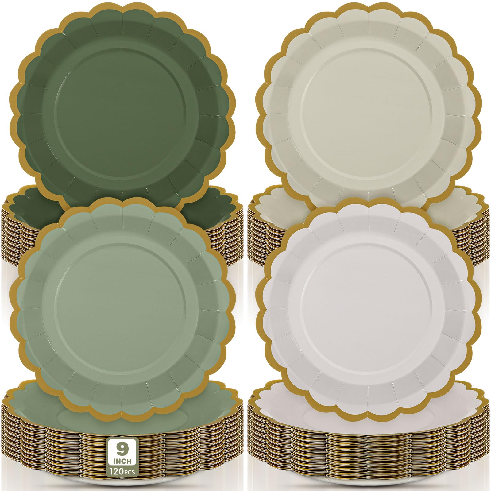 Tiangrid 120 Pcs Gradient Sage Green Paper Party Plates 9 Inch Scalloped Disposable Dessert Plates for Coquette Bridal Pink Bow Gender Reveal Wedding