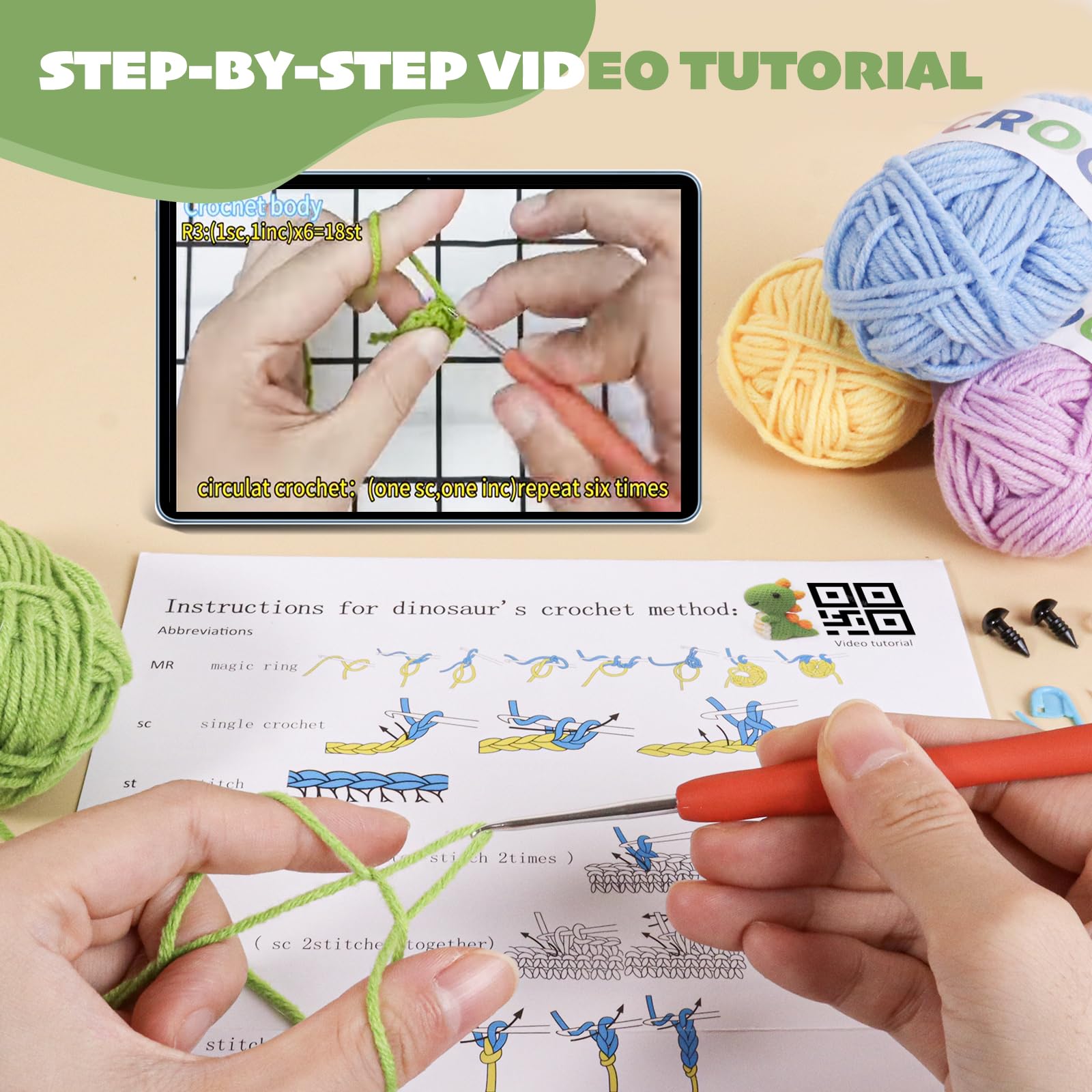 6PCS Crochet Kit for Beginners, Knitting Starter Pack for Adults and Kids，Amigurumi Crocheting Animals Kits with Step-by-Step Video Tutorials Dinosaur, Rainbow Bee,Unicorn，Elk, Panda or Zebra