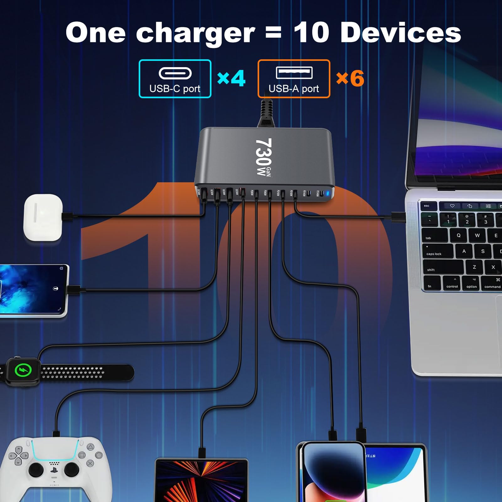 Chargeur USB C 730 W, multiple, 10 ports, station de charge rapide avec bloc d'alimentation 6 -C et 4 A pour MacBook Pro/Air, iPad Pro/Air, Samsung etc
