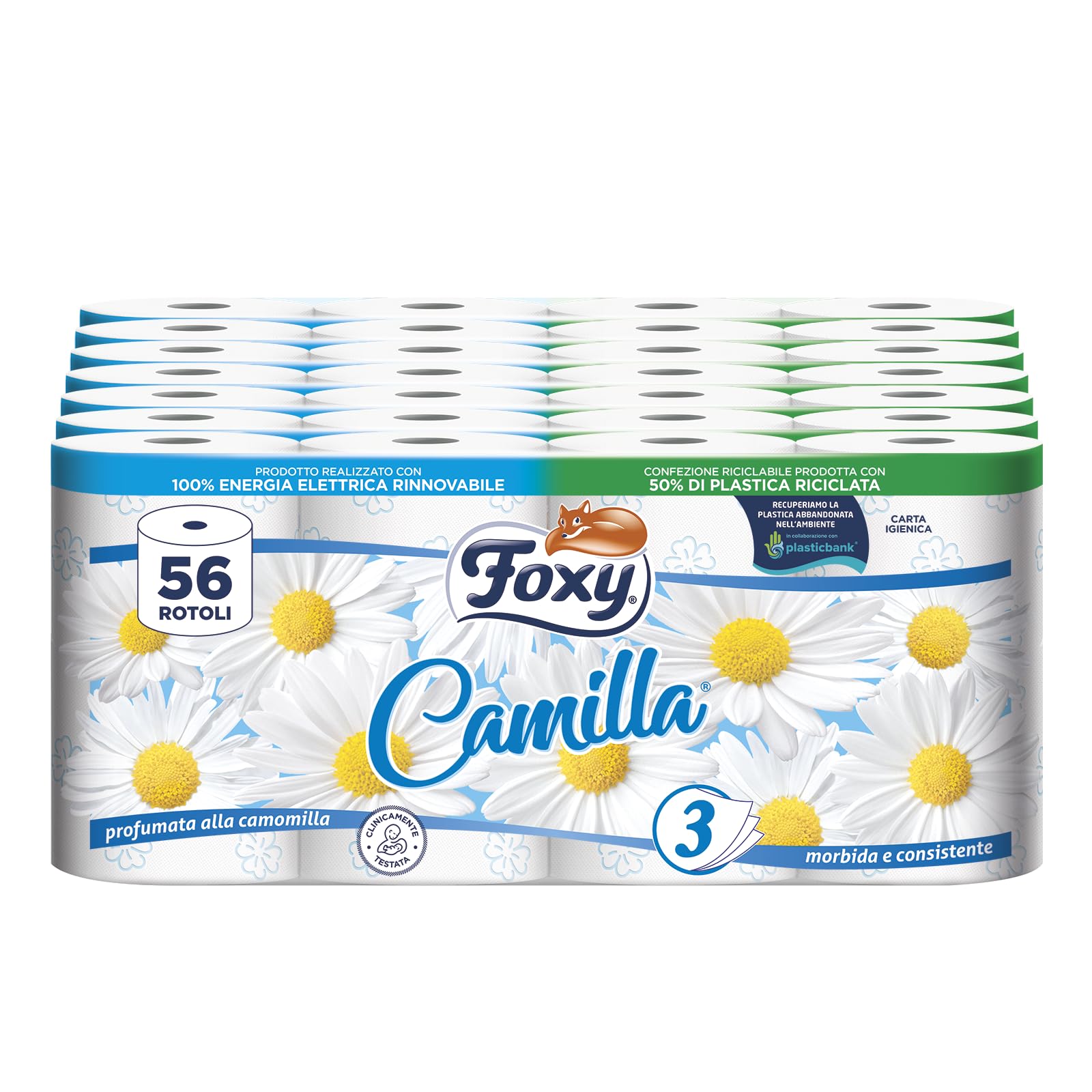 Foxy Camilla | Carta igienica 3 veli profumata alla camomilla | 56 rotoli | 160 strappi per rotolo | Carta certificata PEFC | Confezione riciclabile
