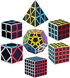 Roxenda Speed Cube Set, Speed Cube Bundle of 2x2 3x3 4x4 Megaminx Windmill Mirror Cube and Pyramid Cube Smoothly Magic Cubes Collection for Kids & Adults [7 Pack] (Carbon Fiber)
