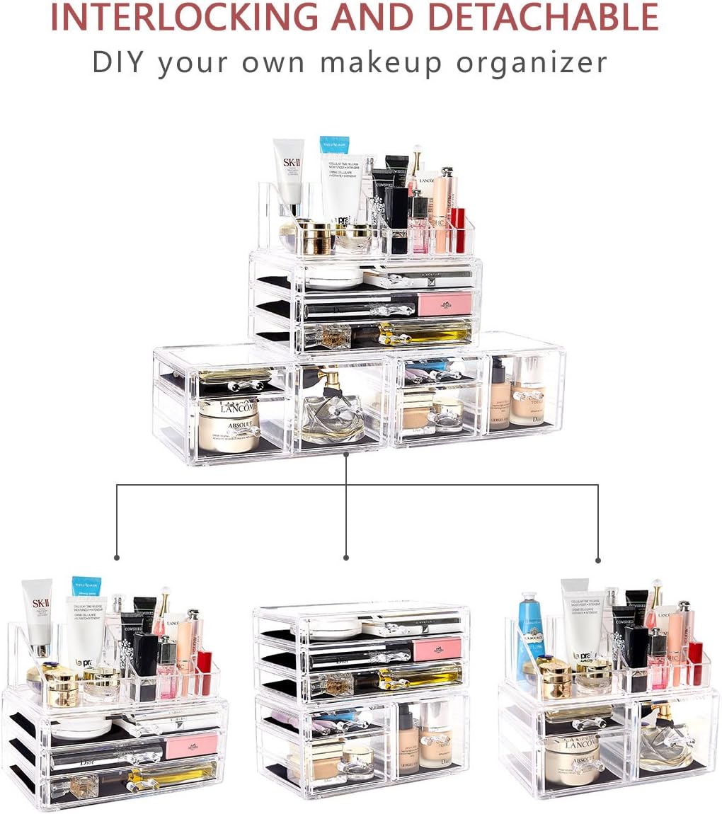 DreamGenius Makeup Organizer 4 Pieces Acrylic Makeup Storage Organizer Box with 9 Drawers for Lipstick Jewerly and Makeup Brushes, Stackable Cosmetic Display Cases for Dresser and Bathroom Countertop : Beauty & Personal Care