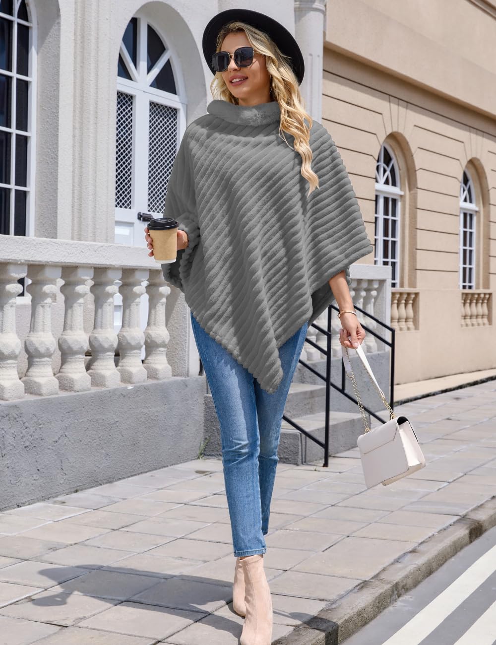 Ferand - Poncho Femme Douillet à Rayures en Fausse Fourrure, Pull Châle Doux pour l'hiver