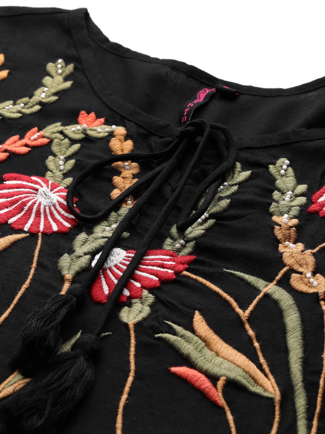 Ishin Women's Knee Length Viscose Rayon Embroidered Floral Black A-Line Dress Topgdw-23008_M_Black