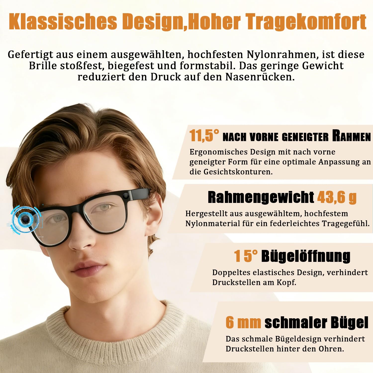 Smart AI Glasses mit 4K HD Kamera, 8MP Bildstabilisierung, Videoaufzeichnung, Offene Kopfhörer, AI-Bilderkennung Simultanübersetzung/GPT-Linsenerkennung und 3600-mAh-Akkufach