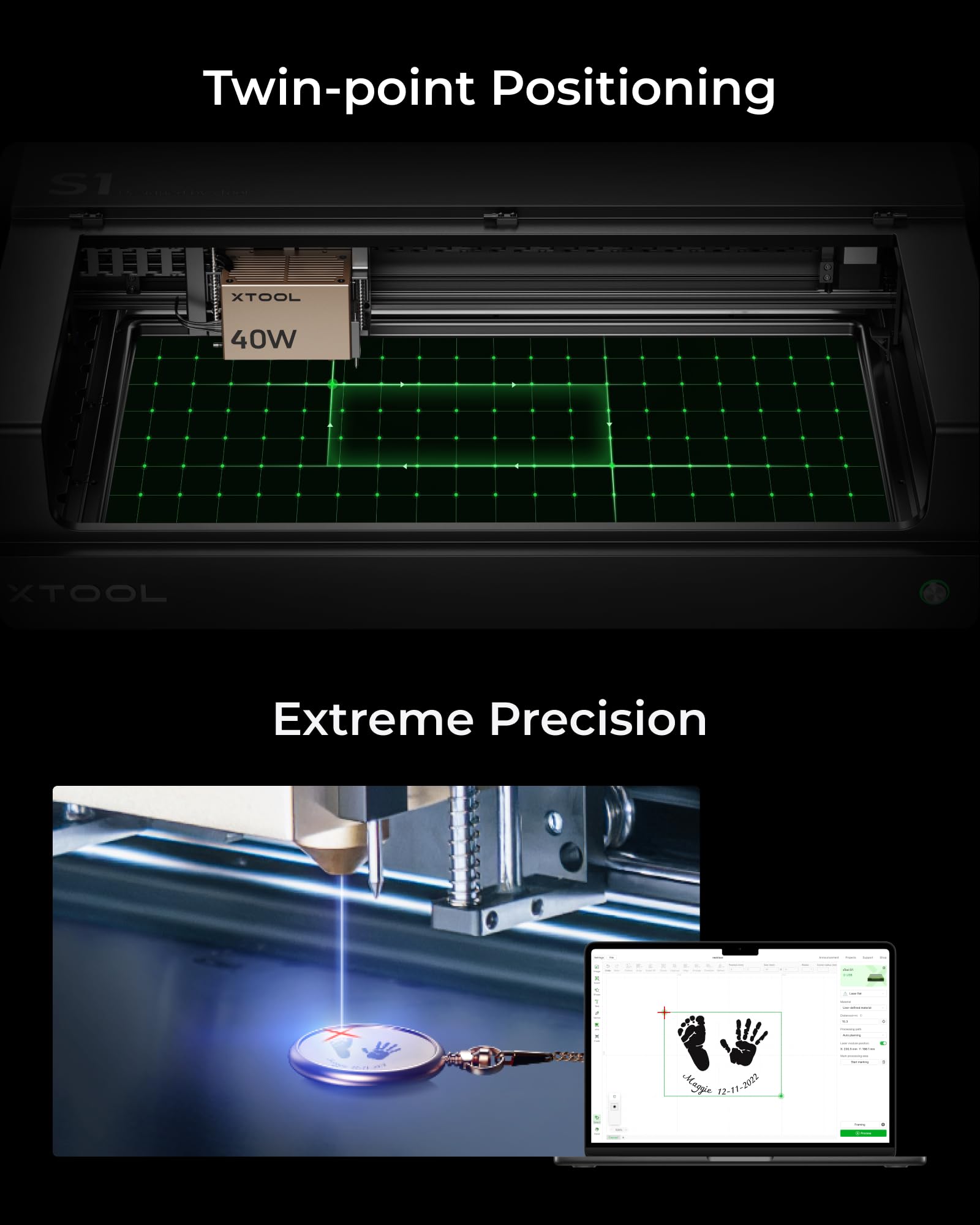 xTool S1 40W Incisore Laser Basic Kit con Aisst Aria Intelligente e Pannello a Nido d'Ape, Velocità 600 mm/s, Fuoco Automatico, Blocco Fumo, 498 * 330mm per Metallo, Legno, Acrilico, Tumbler (Nero)