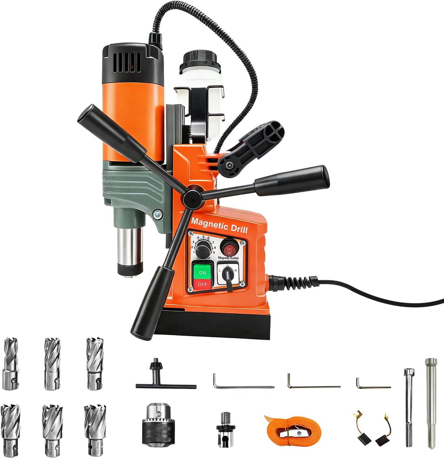 Mag Drill Press with 6 Pcs Coring Bits, 1400W 2" Boring Diameter, 2922lbf/13000N Power Portable Magnetic Drill, 810 PRM, Electric Drilling Machine for Metal Surface, Home Improvement Industry