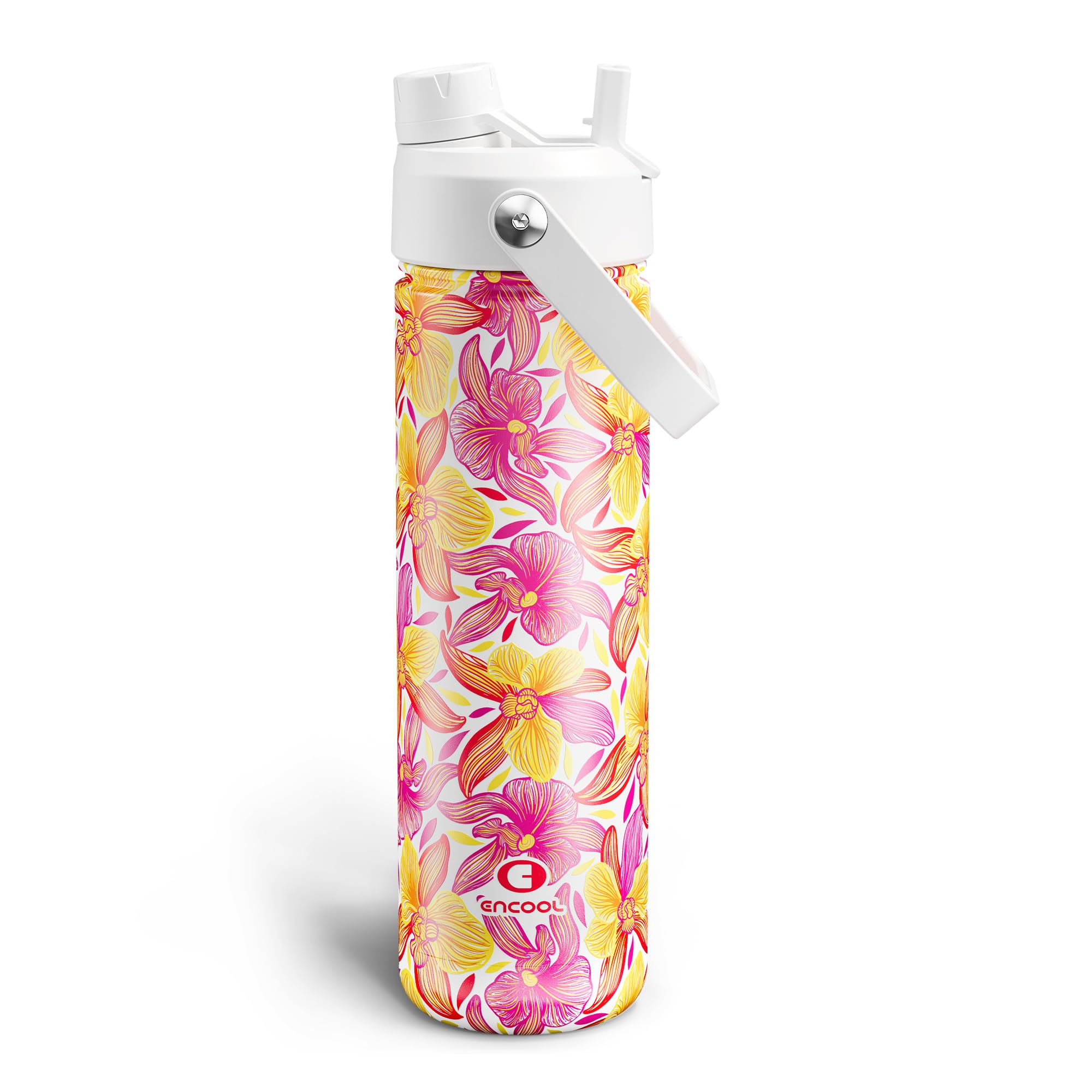 ENCOOL Insulated Water Bottle with Straw Stainless Steel Water Bottle, Leak-Proof, BPA-Free, Double Wall Vacuum Keeps Cold for 24 Hours for Sports, Travel, School (26 oz, Tropical Floral)