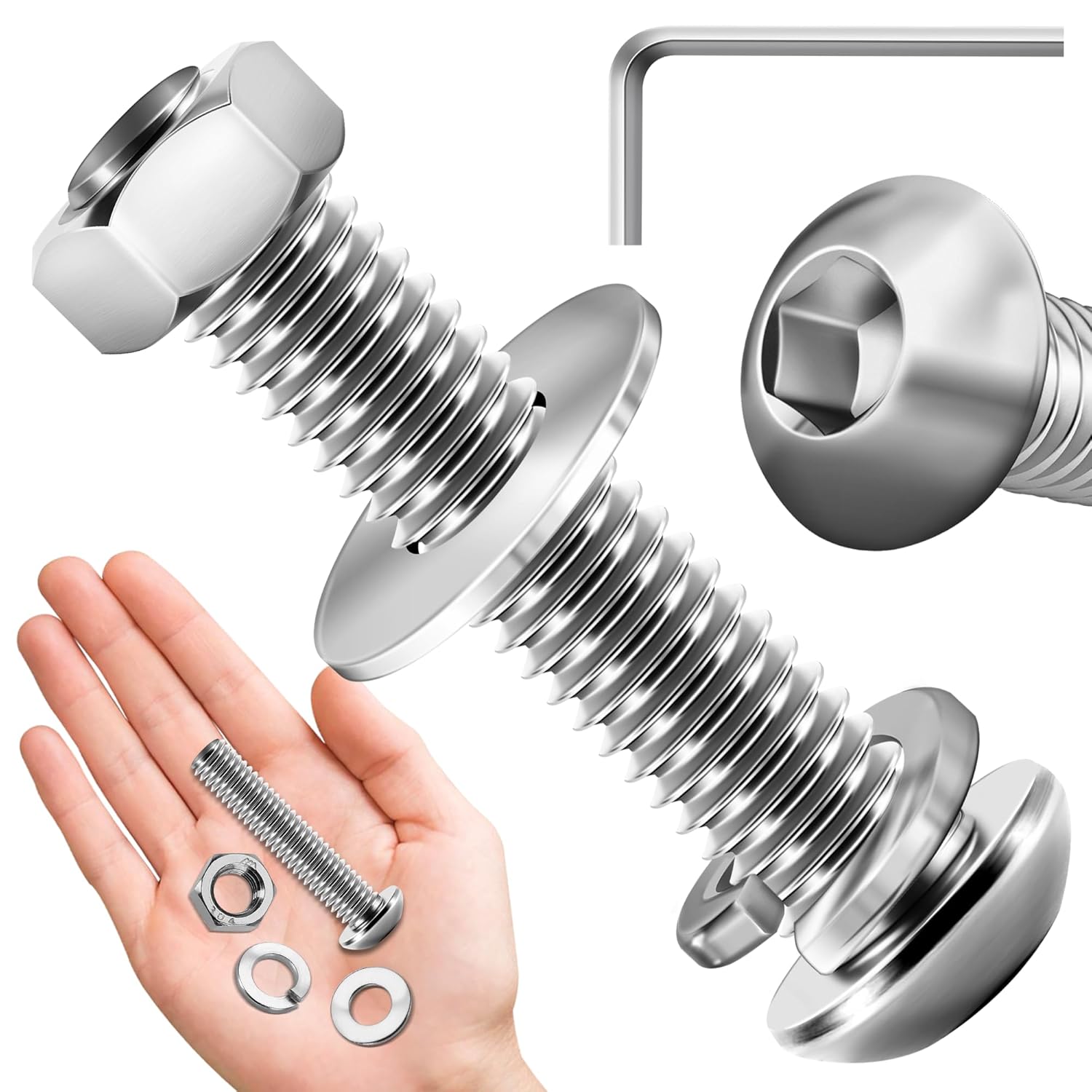 Mywish 3/8-16 x 2 Button Head Socket Cap Bolt & Nut Kit with Washers - 304 Stainless Steel, Allen Hex Drive, Metric Bolt Assortment (20 Sets)