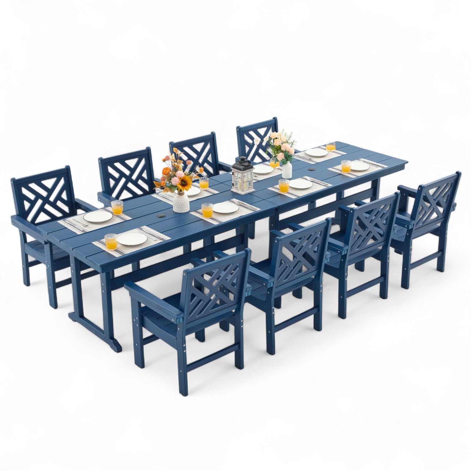 AXMOLM 10 Piece HDPE Outdoor Dining Set for 8, Patio HDPE Furniture Set with 2 Table and Umbrella Hole, Outdoor Table and Chairs for Garden, Poolside,
