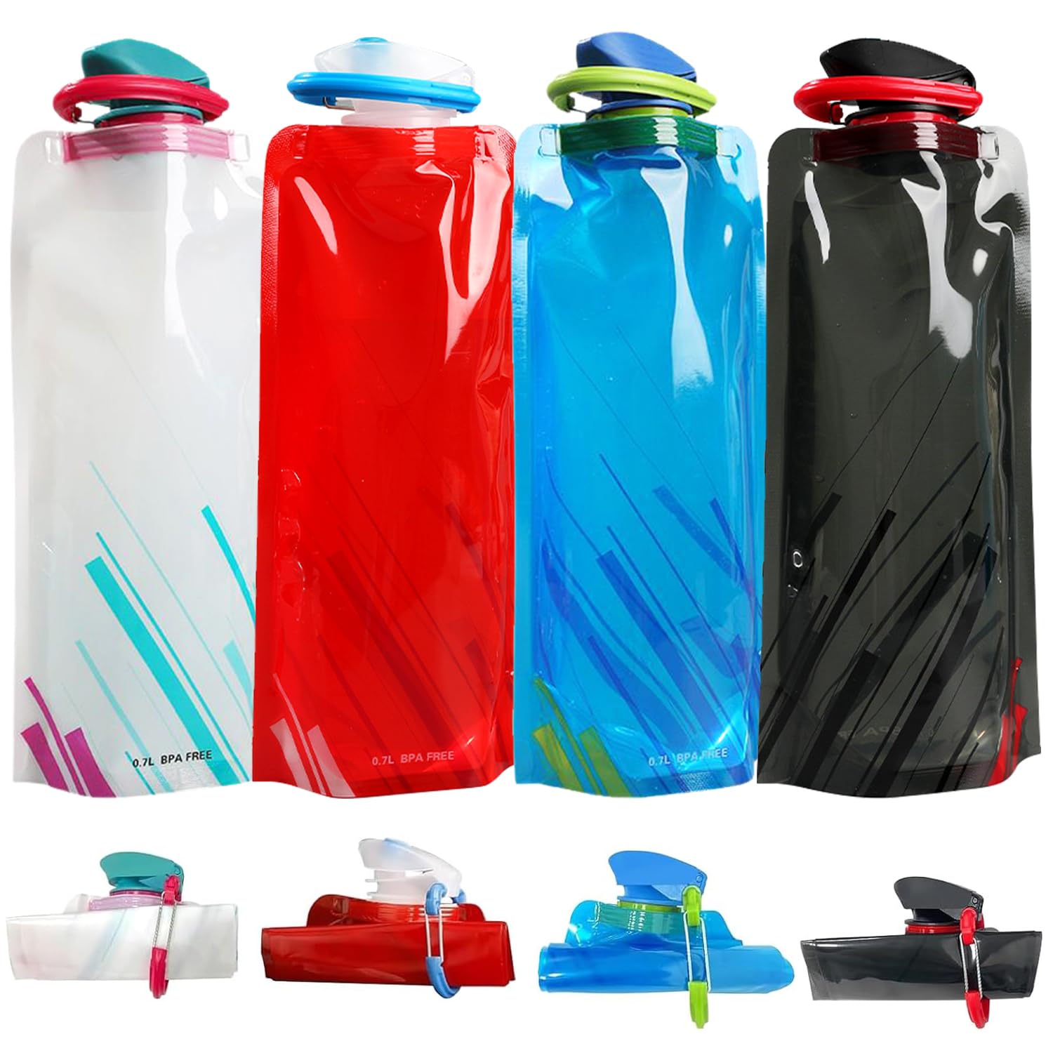 Wfkkmeq Multicolor 700Ml Large Foldable Water Bottle, 4 Pack Soft Flask Water Bag, Fully Collapsible Stock Bottle, Portable Water Bottle For Running Cycling Outdoor, For Outdoor Indoor Sports, Biking, Hiking, Travel