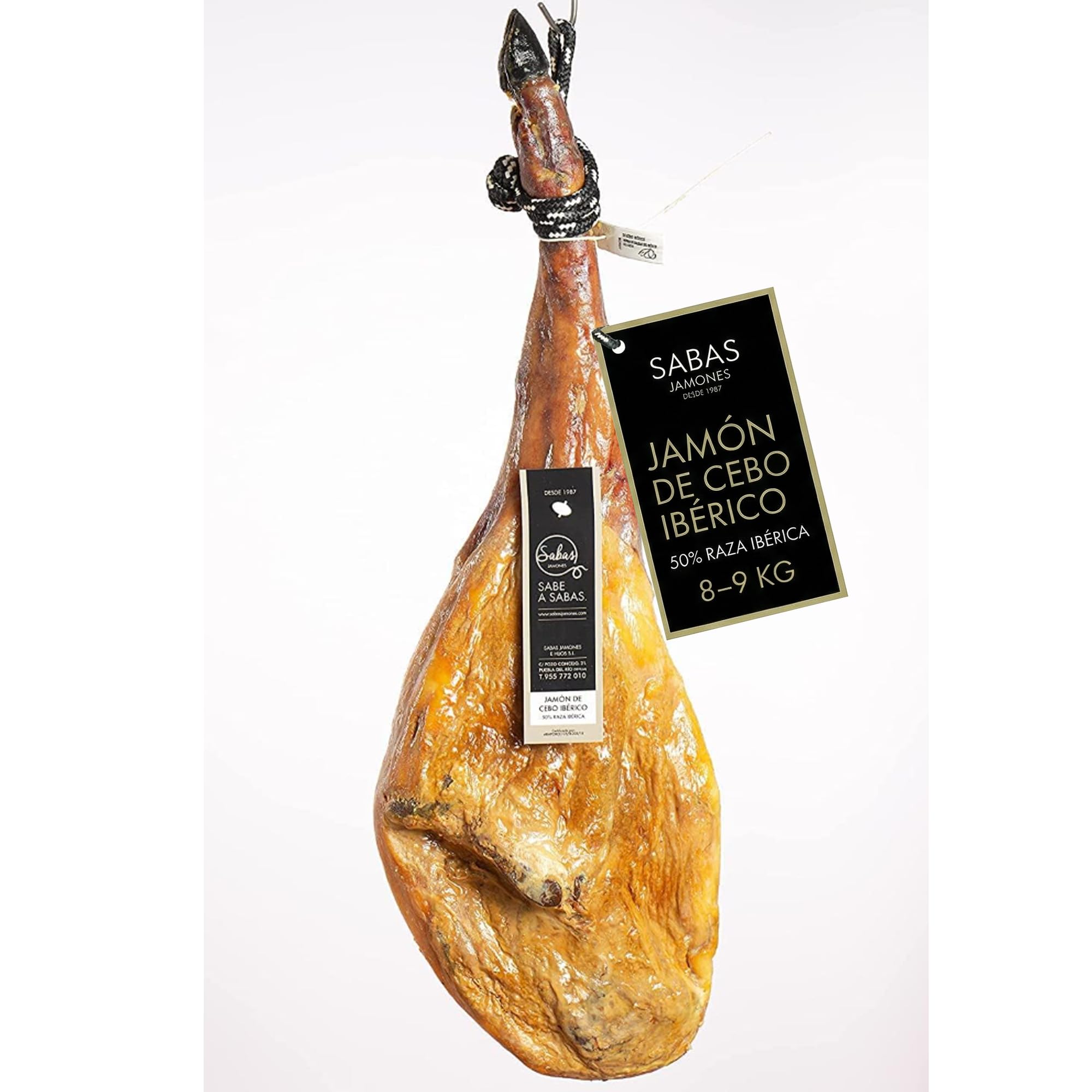 SABE A SABAS Jamon Iberico de Cebo 50% Raza Iberica Pieza Entera 8-9 kg Curacion Bodega Natural Mas de 30 Meses Sin Gluten Jugoso Gourmet Regalo Celebracion Aperitivo Navidad Tabla