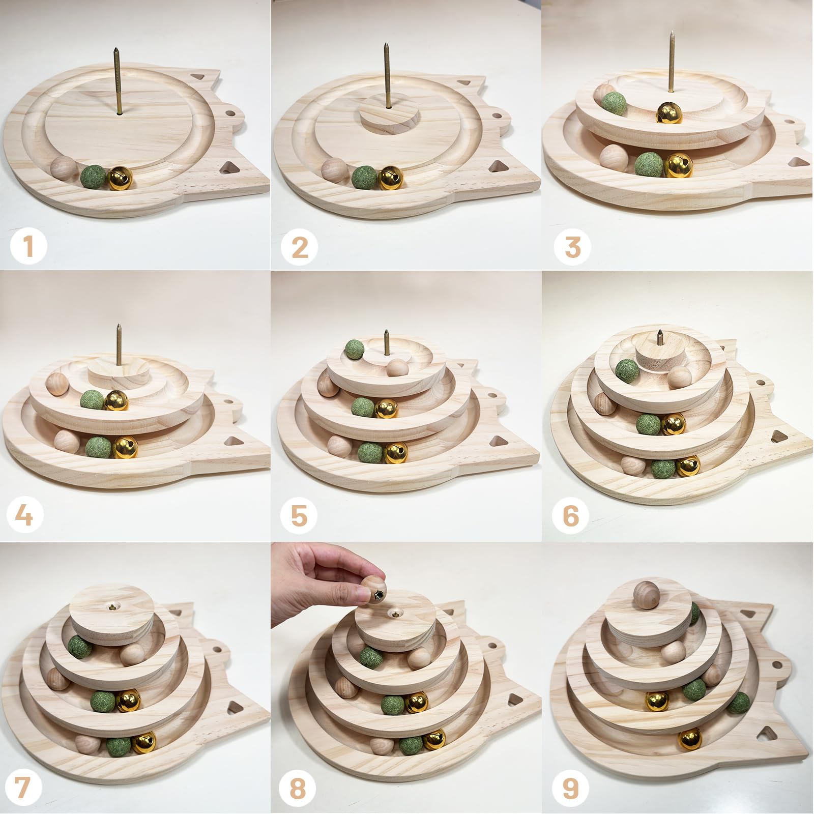 Juguetes Interactivos para Gatos Juguetes de Madera para Gatito Torre de 3 Pisos con Pista y 3 Tipos de Pelota con Diferentes Funciones, Palo de Gato Divertido, Base Antideslizante