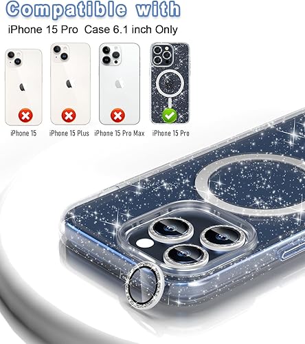 Miniatura 2 de Funda magnética brillante para iPhone 15 Pro Max compatible con MagSafe, 2 protectores de pantalla y 2 protectores de lente de cámara de diamante,