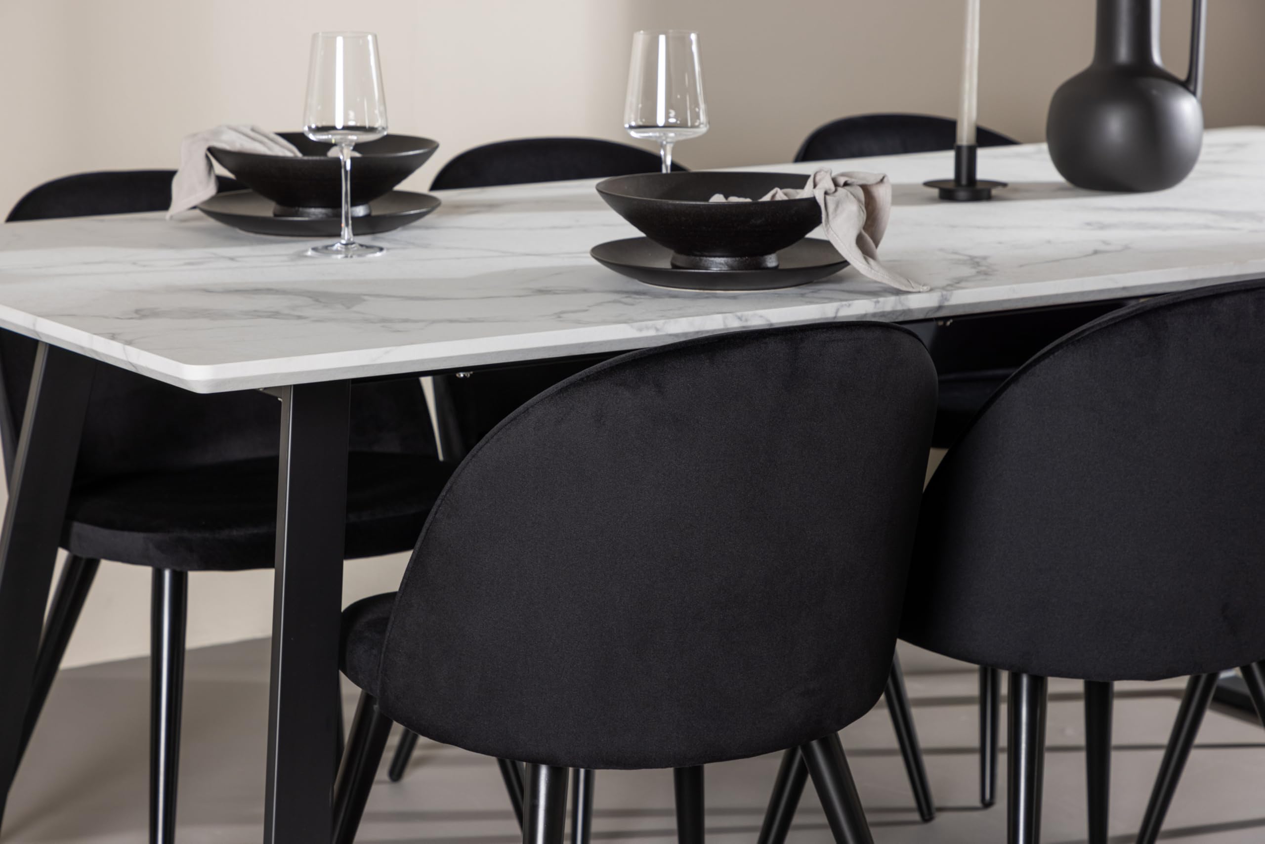 Essgruppe mit 6 Stühlen - Malaga Esstisch 90x200 cm Weiß mit 6 Skagen Stühlen Schwarz Velours skandinavisch Esszimmerset Tischgruppe 6 Personen Skandi Design Essbereich