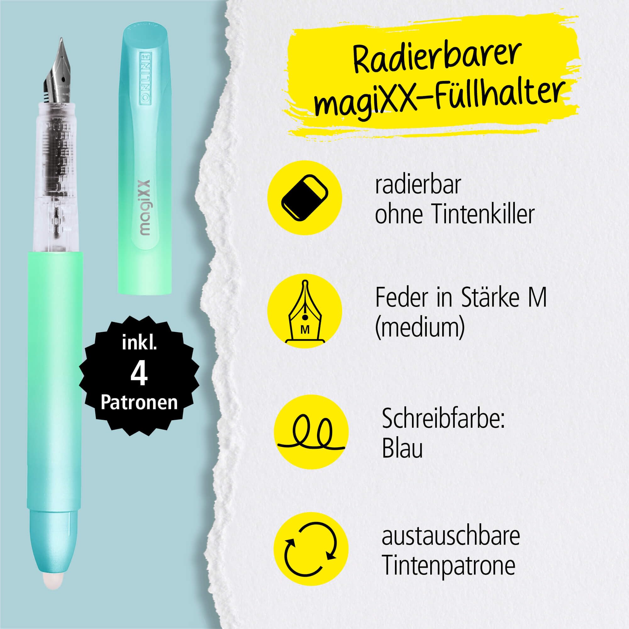 Online MagiXX Turquoise Dream Fountain Pen with Erasable Blue Ink I Includes 4 MagiXX Cartridges I Write - Image 2