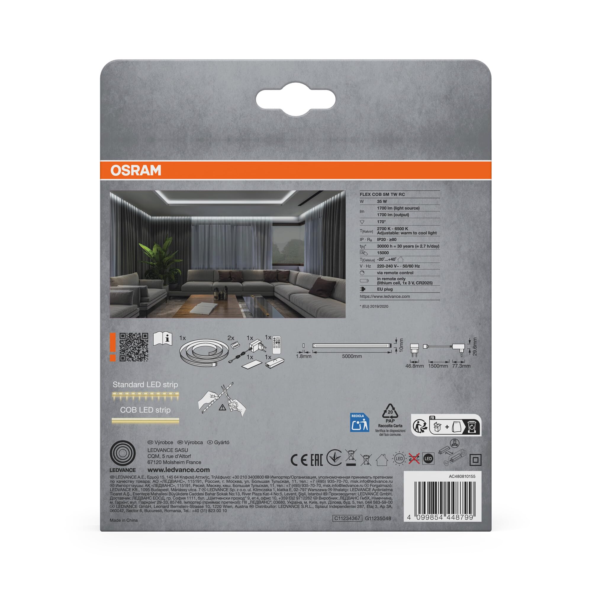 OSRAM Taśma LED FLEX COB 5M TW RC, żółta, 30W, 1700lm, możliwość sterowania barwą barwy białej od ciepłej do chłodnej, technologia COB, równomierny rozsył światła, z pilotem, długa żywotność, łatwa