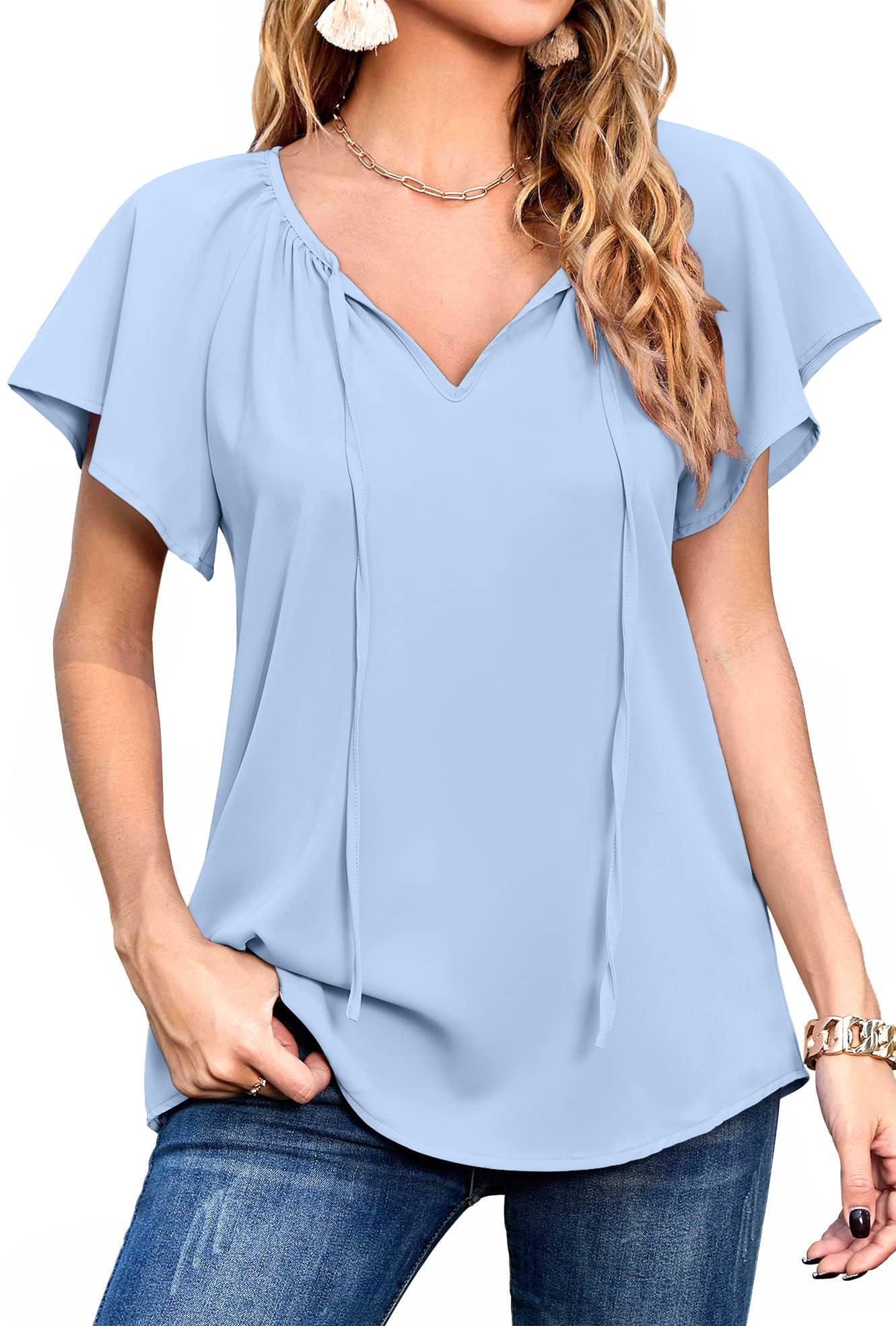 Neineiwu Oberteil Damen elegant Blumendruck V-Ausschnitt Kurzarm Shirts Lose Drawstring Damenblusen