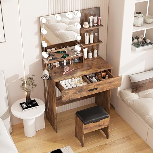 Miniatura 3 de Fameill Mesa de tocador de maquillaje con espejo iluminado y estación de carga, juego de tocador marrón rústico con 3 modos de iluminación, brillo