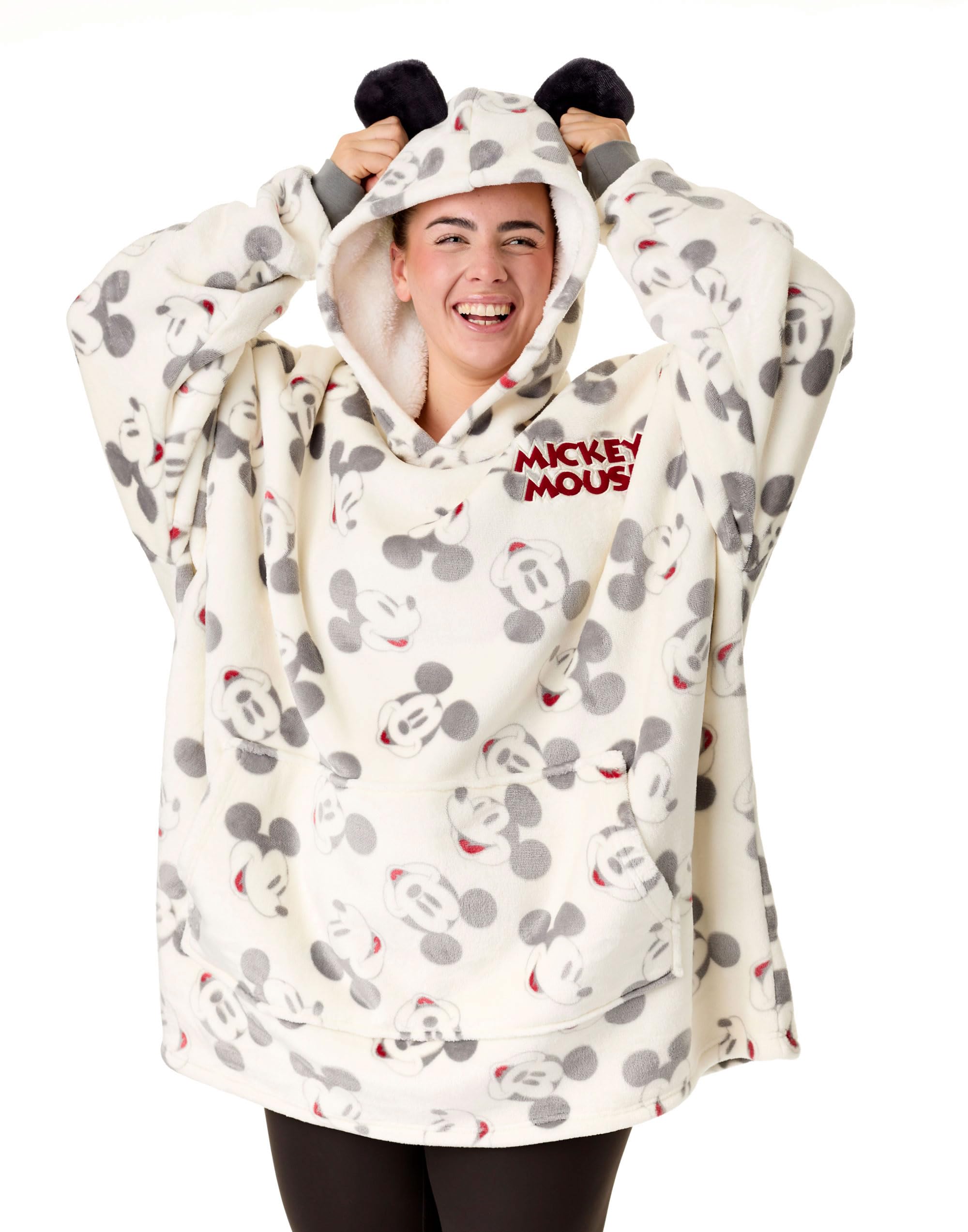 Disney Women's Mickey Mouse Wearable Blanket Hoodie | Adults Beige Hooded Pullover With All Over Print | Sherpa Lined Loungewear With Pockets & 3D Ears | Cartoon Movie Gift