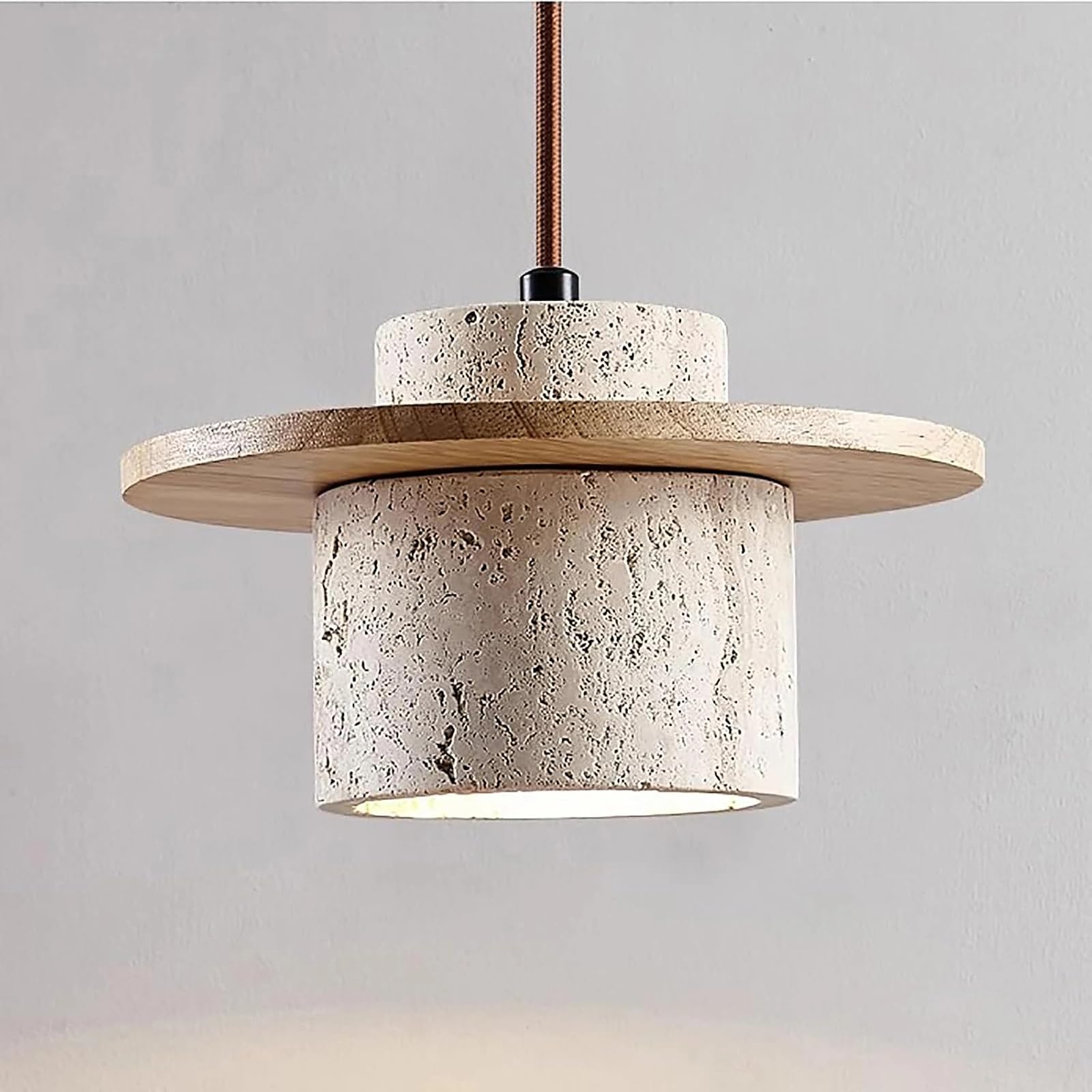 KXEcoLife Modern Stone Pendant Light with Wood Accent, Hanging Ceiling for Kitchen Island or Dining Room, Nordic Concrete Lamp Fixture(A)
