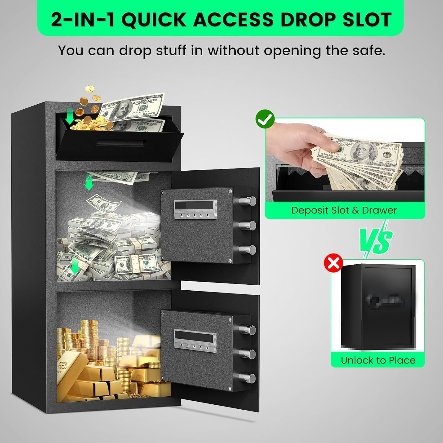 Image demonstrating the 2-in-1 quick access drop slot feature of the kavey safe.