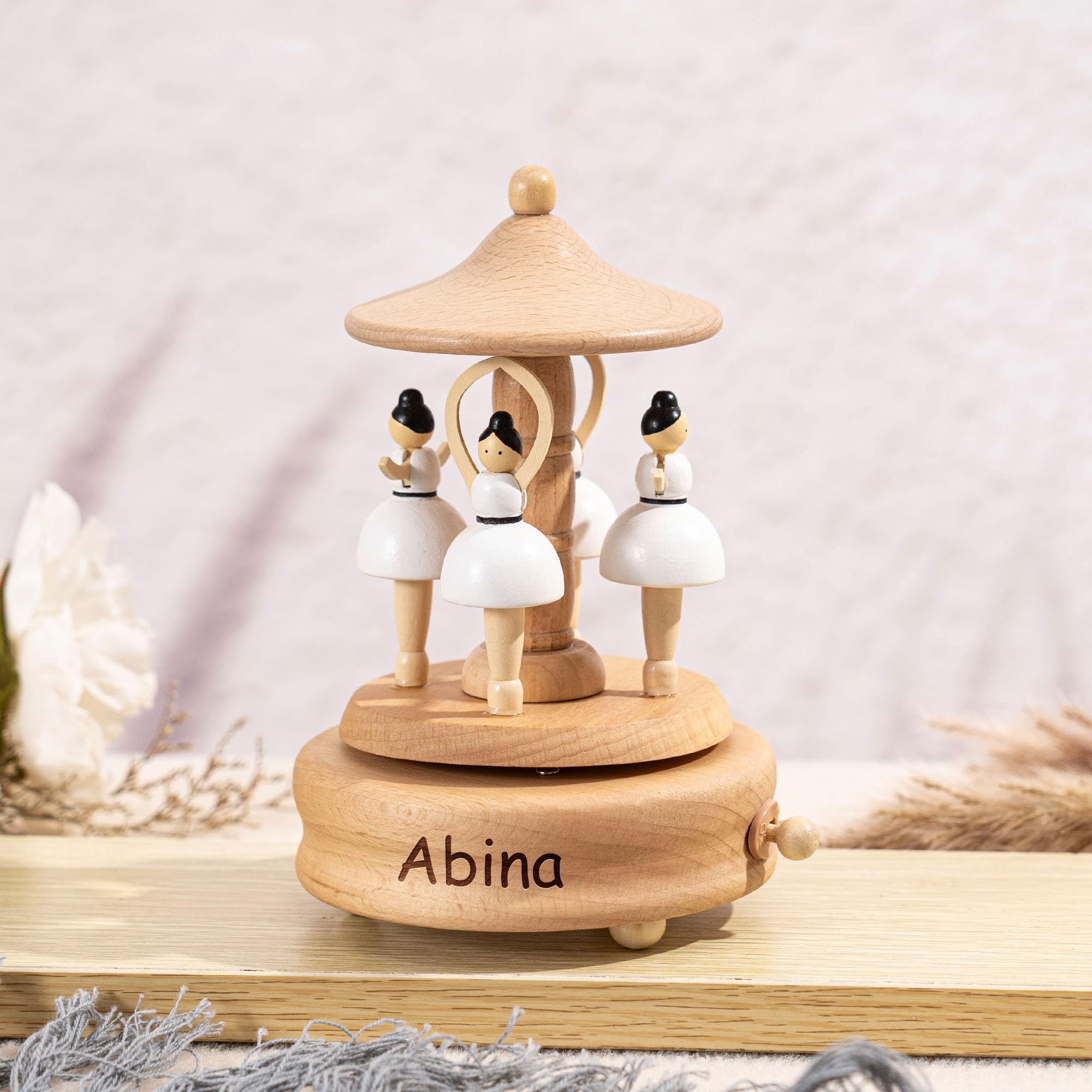 Kenon Carillon Personalizzato in Legno a Carosello, Carillon con Incisione, Carillon in Legno da Ballerina, Regalo Ricordo per Ragazze e Ragazzi