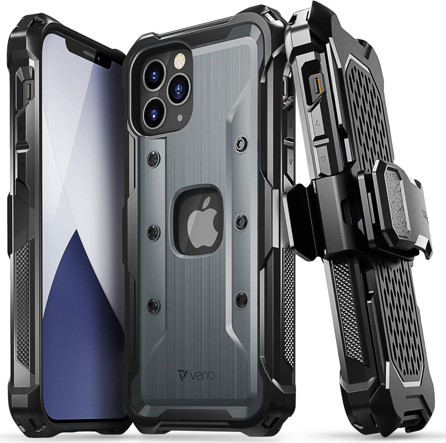 Vena vArmor Rugged Case Compatible with Apple iPhone 12 / iPhone 12 Pro (6.1"-inch), (Military Grade Drop Protection) Heavy Duty Holster Belt Clip Cover with Kickstand - Space Gray