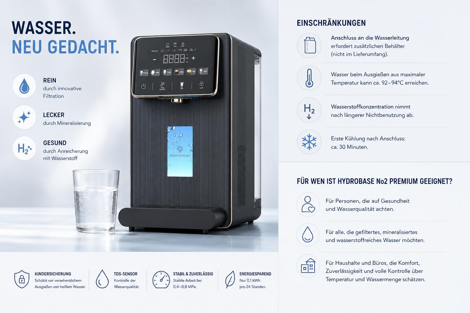 Hydrobase No2 Osmoseanlage Trinkwasser Auftisch Umkehrosmoseanlage 6L | UV-C, Wasserstoff