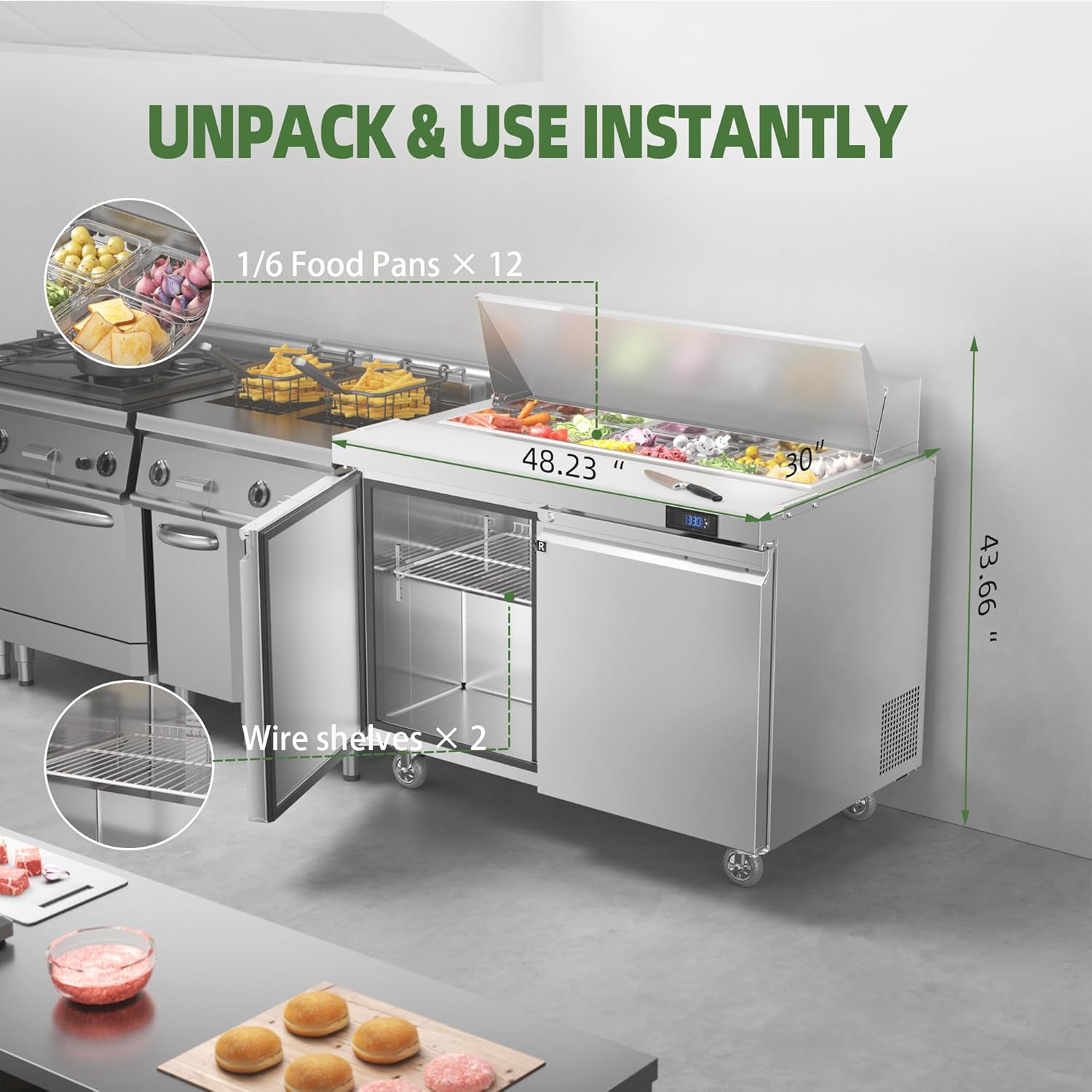 Coolake 48''W 2 Door Commercial Salad Sandwich Prep Table Refrigerator, Stainless Steel 13.5 Cu.ft Counter Fan Cooling Refrigerator with 12 Pans for Restaurant, ETL DOE