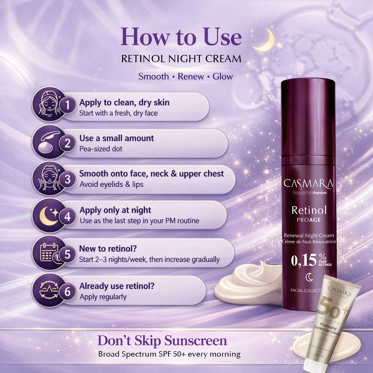 CASMARA - Crema Nocturna con Retinol Puro 0.15% con Acido Hialuronico, Vitamina C, Escualano, Crema Hidratante Facial Rejuvenecedor Facial Skin Care, Mejora la Elasticidad y Firmeza, Todo Tipo de Piel