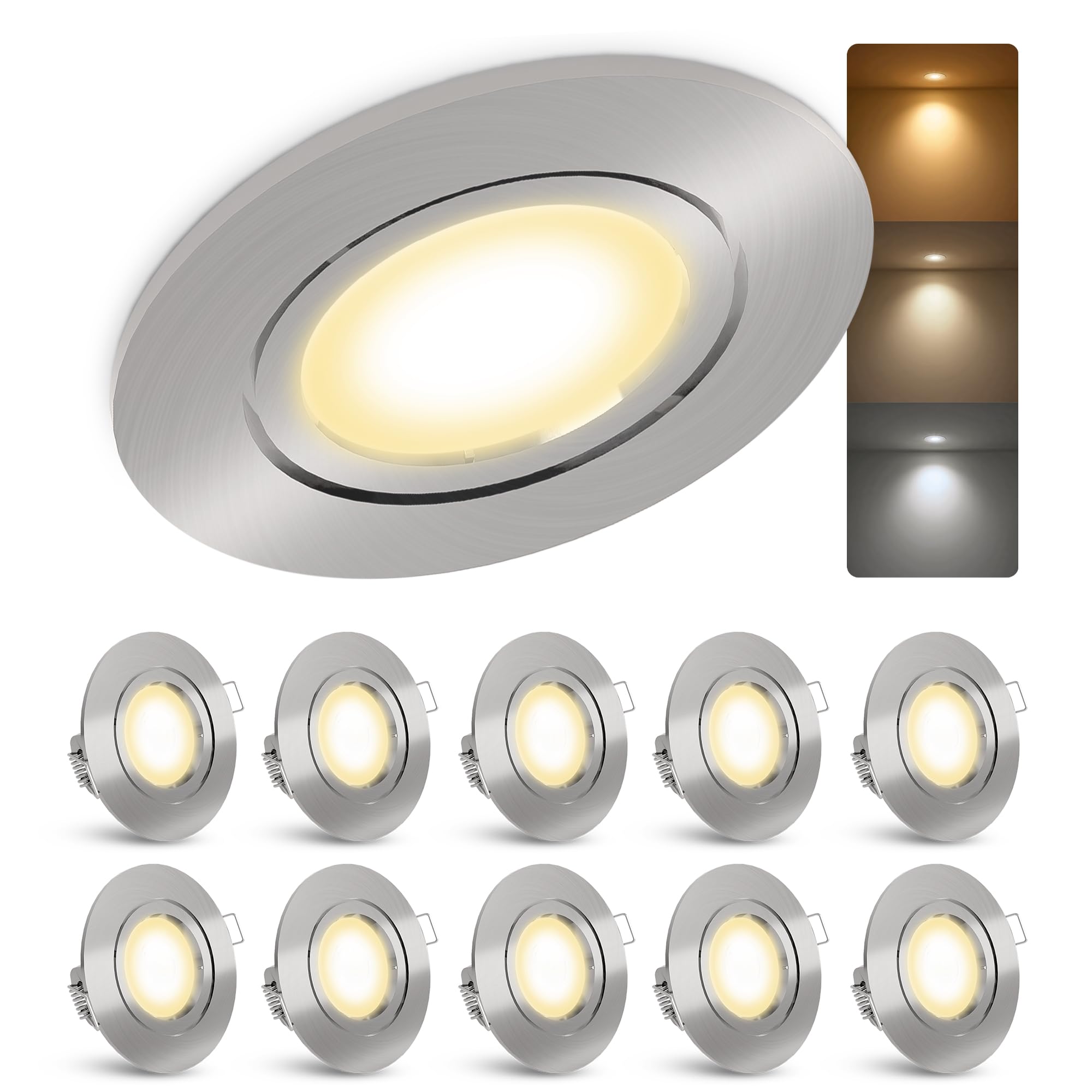 linovum LED Einbaustrahler Set Edelstahl Optik gebürstet rund LED GU10 6W LumiFLEX Lichtfarbe warm/neutral/kalt 230V Einbauleuchte Anschluss ohne Trafo inkl. GU10 Fassung
