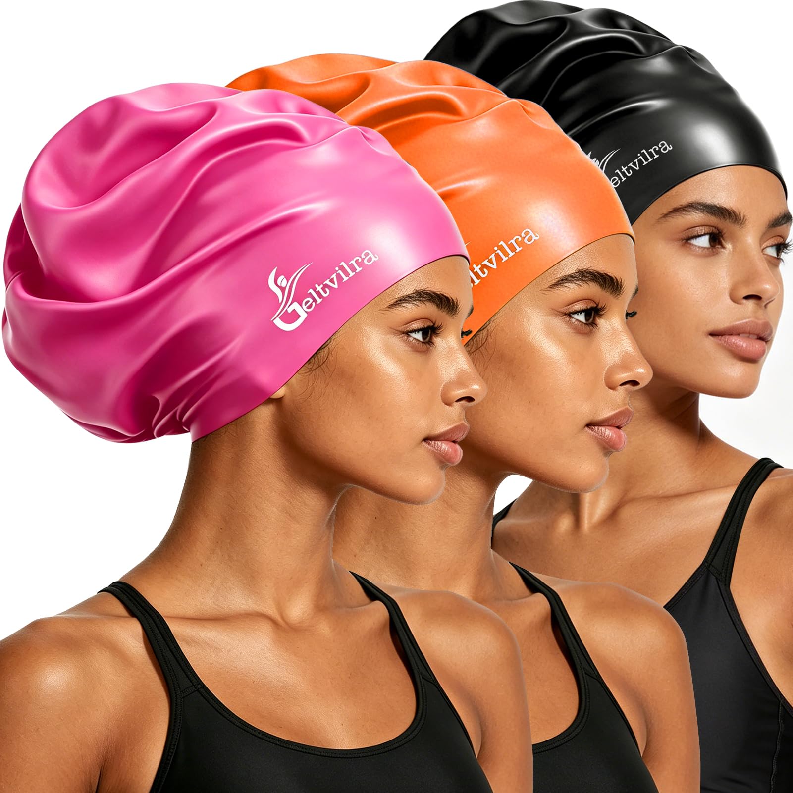 Paquete de 3 Gorros de natación extragrandes para Trenzas y rastas, rastas, Pelo Largo, Negro, Mujeres y Hombres, natación, Silicona, Impermeable, Piscina