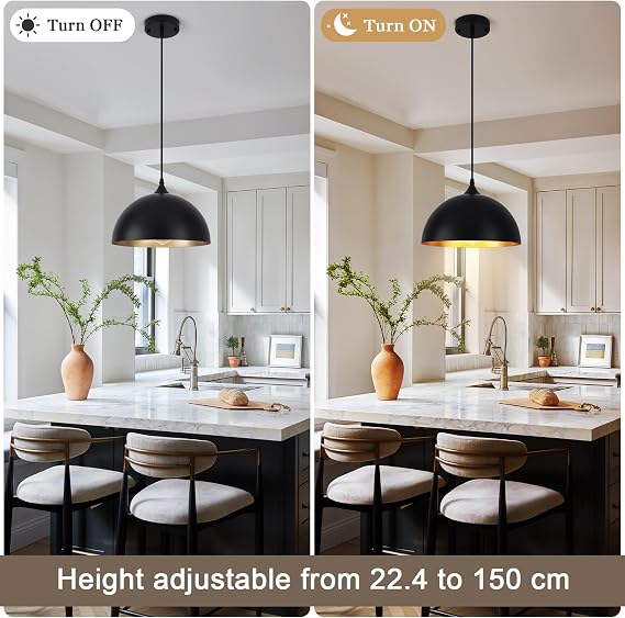 3 Pack Pendant Light Black and Gold Industrial Lights for Kitchen Island | Height Adjustable Cable fits Dining Room, Hallway, Bar, E27 Socket, MAX 60W, 220V, Durable Metal Fixture, Quick Installation