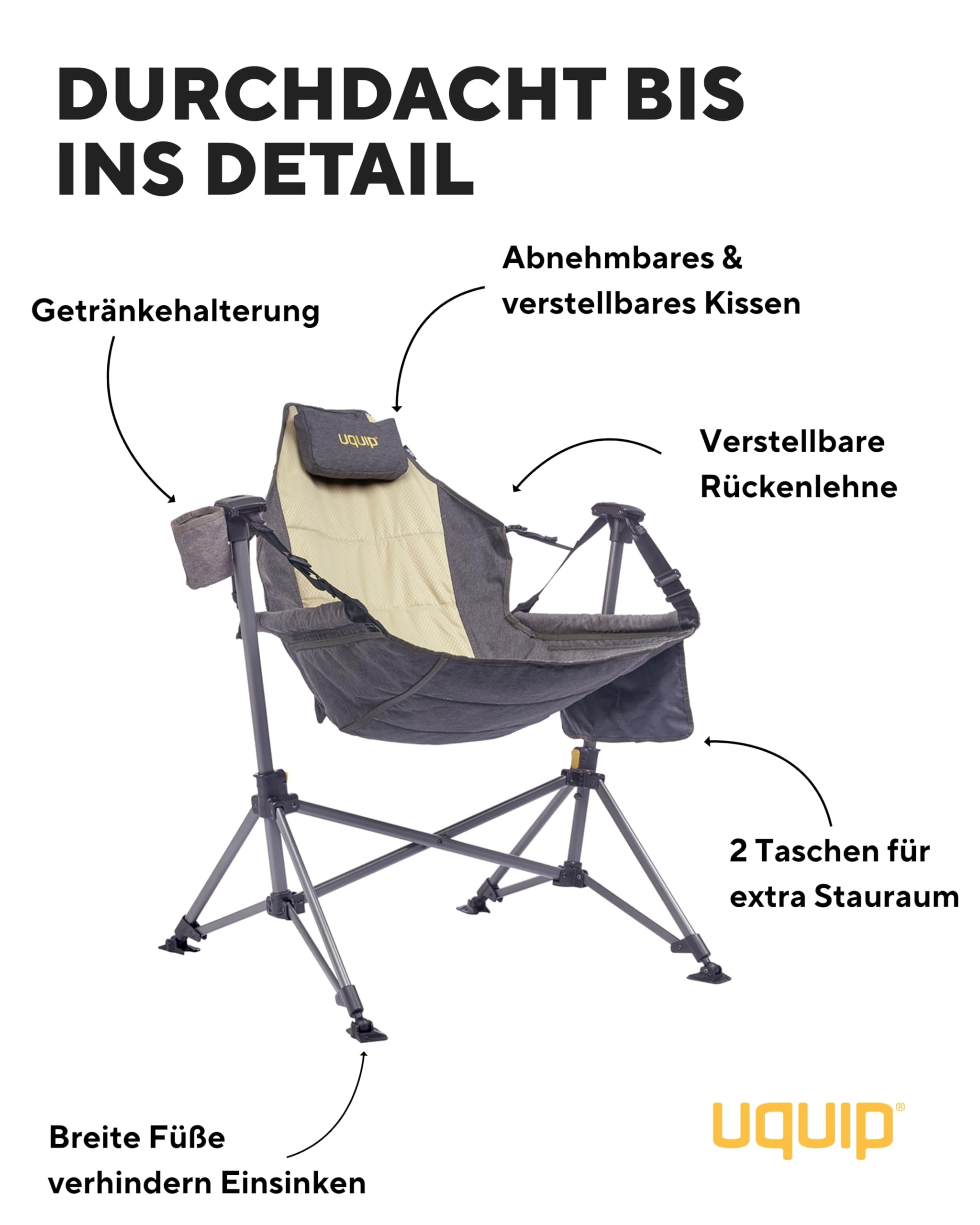 Uquip Campingstuhl Rocky 2.0 boulder I faltbarer Schaukelstuhl mit 120 kg Traglast I kompakter Faltstuhl aus Stahl & Polyester I klappbarer Outdoor-Stuhl für Camping, Strand, Garten & Festivals