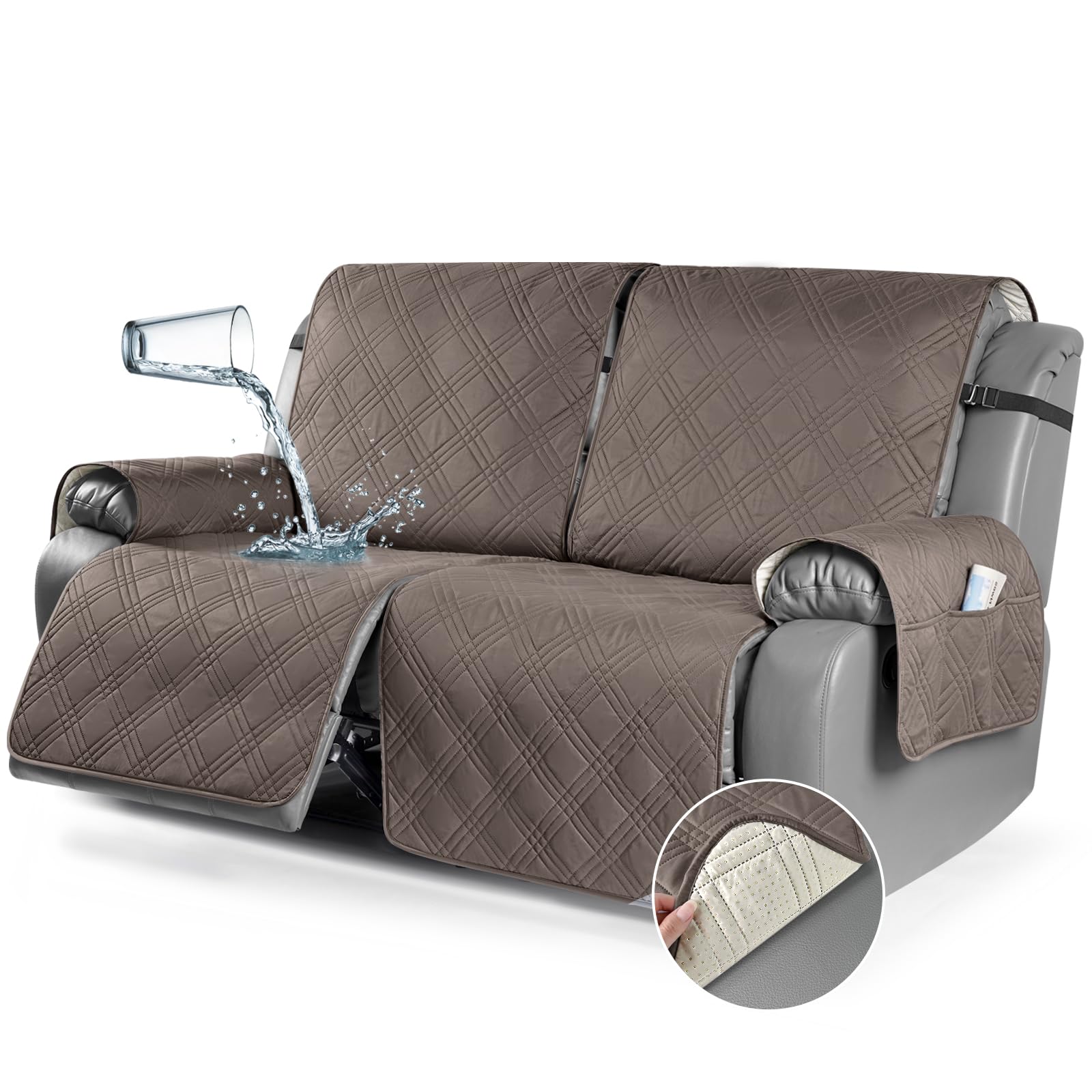 TAOCOCO 100% Waterproof Oversized Loveseat Recliner Cover, Non Slip Split Couch Covers for Reclining Loveseat with Elastic Straps for Kids Pets(Oversized 2 Seater, Taupe)