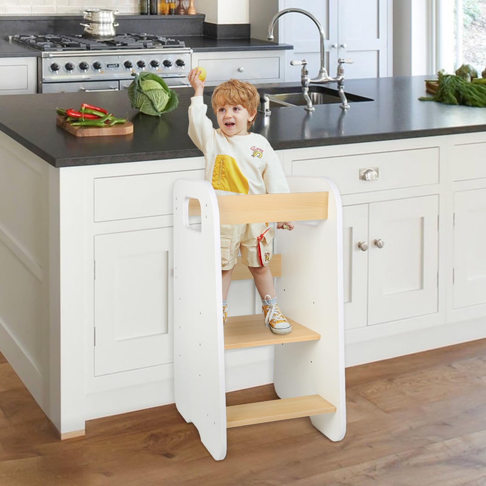 OHMG Lernturm ab 1 Jahr,aus Robuster Holz,mit Doppelter Sicherheitsbarriere,Lernturm ab 2 Jahre,Tritthocker Kinder,Lernturm Montessori,Learning Tower,Montessori Lernturm,Weißeiche