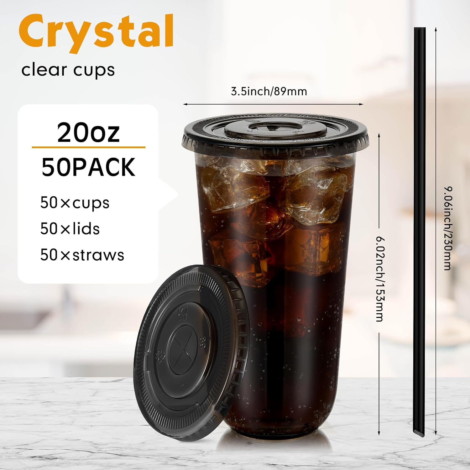 Ziliny 50 Set Clear Plastic Cups with Lids and Straws, PET Disposable Iced Coffee Cups for Drinking Cold Beverage Juice Parfait Smoothie Milkshake Shop Party Supplies (Black Cup & Straw,20 oz)