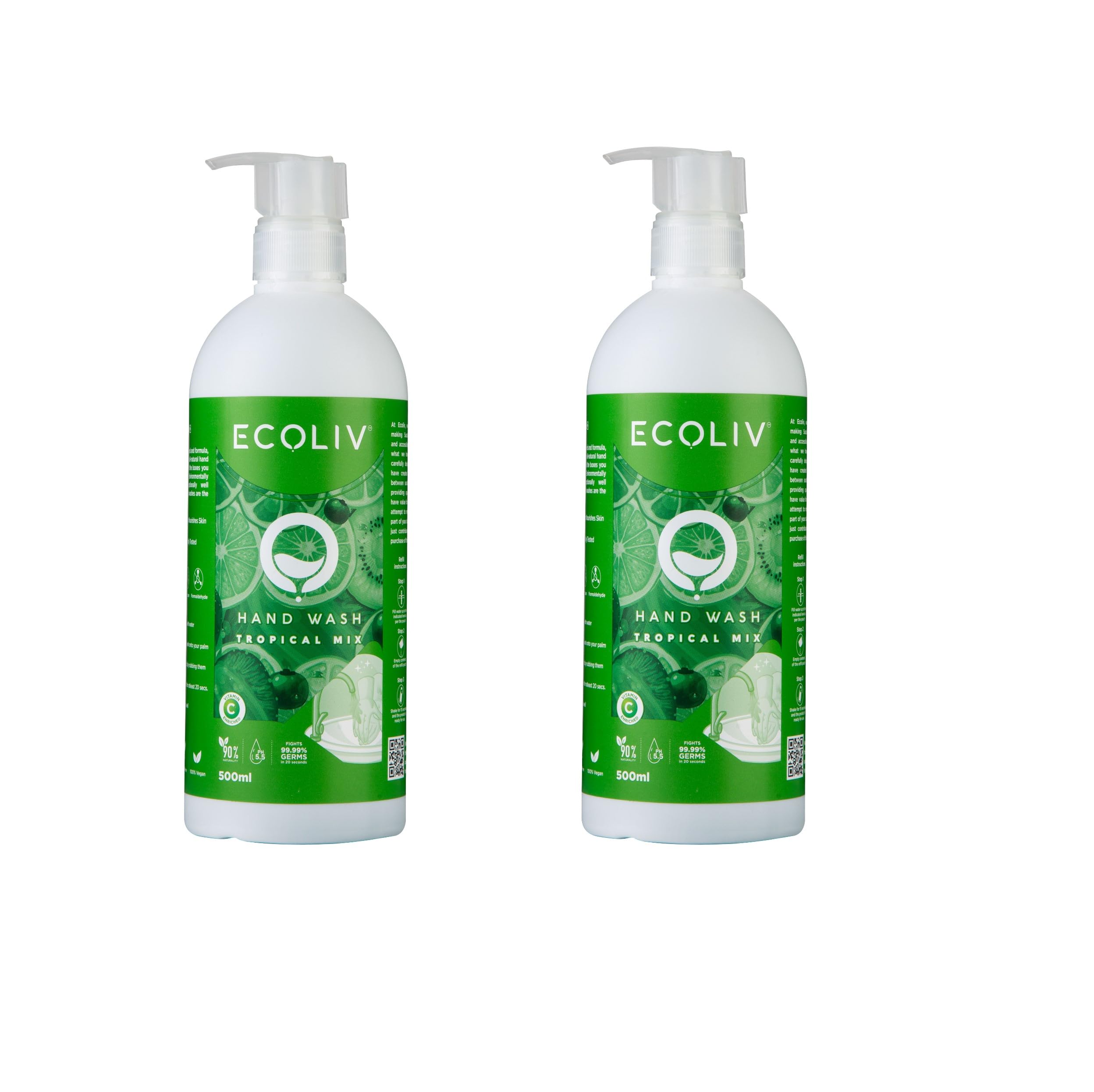 Tropical Mix Natural Handwash 1L|Pack of 2 x 500 ml Bottle| pH 5.5 Hand Wash| Rich Lather and Luxurious Foam | Fights 99.99% germs