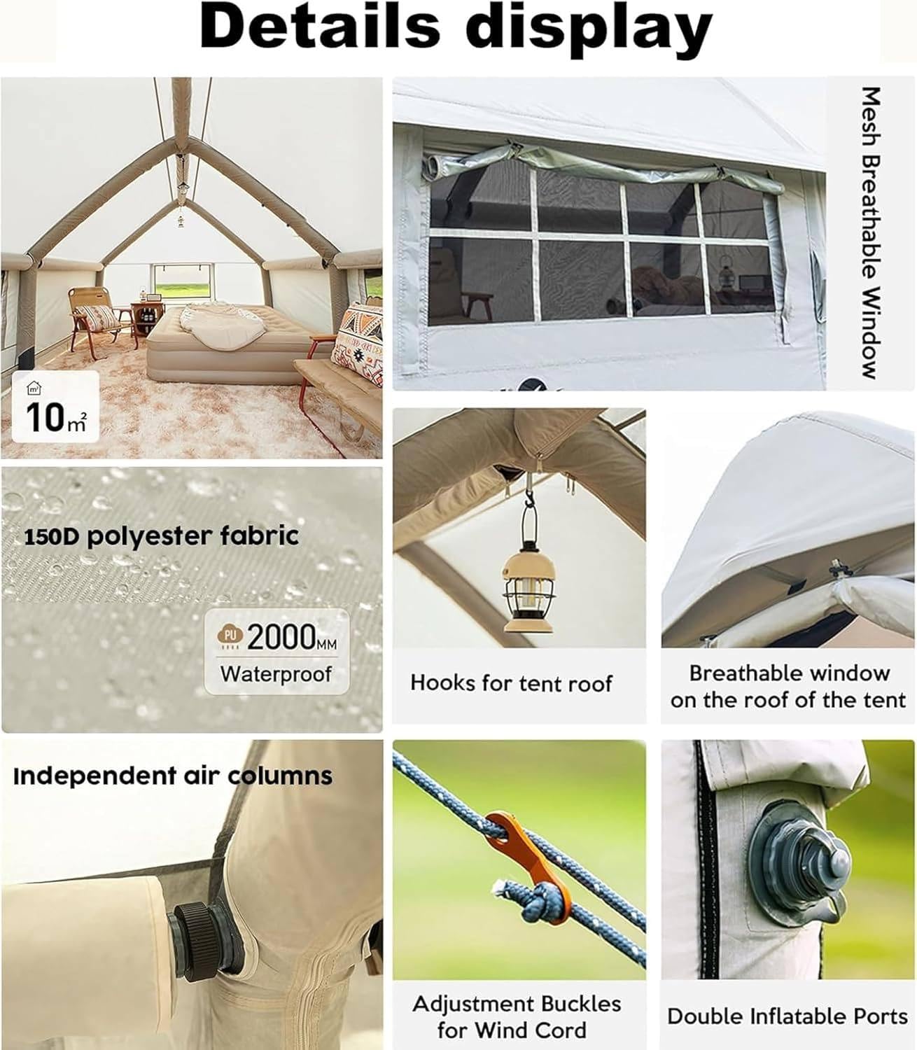 Tente gonflable pour 8 personnes, installation rapide, tente de camping d'extérieur avec cheminée et lucarne, grande tente familiale