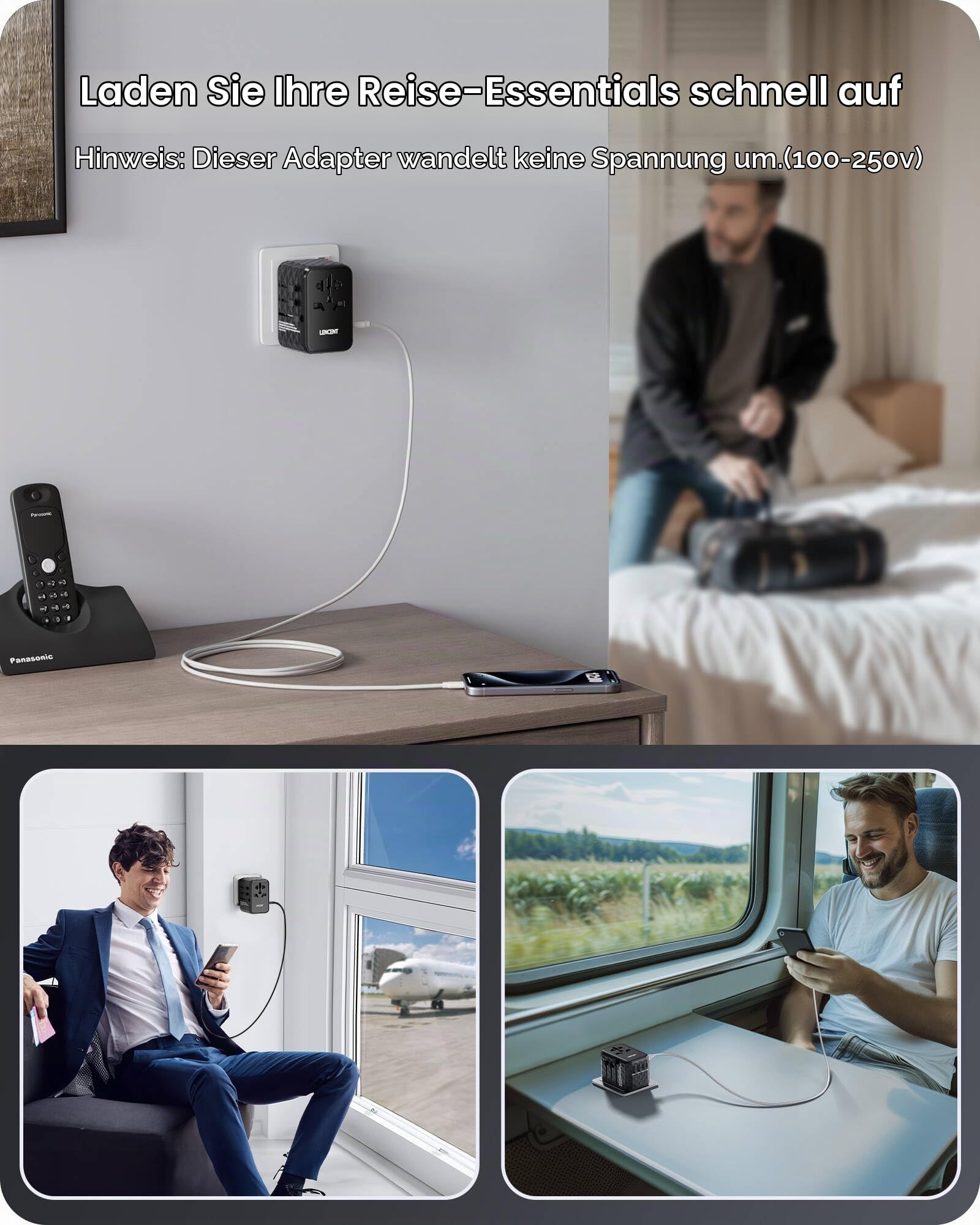 LENCENT Universal Reiseadapter 65W Schnellladung, Internationaler Adapter | Reisestecker für Typ A/C/G/I(UK,EU,AU,US) Steckdosen, 2 USB-A & 3 USB-C Schnelles Aufladen für Handy, Schwarz