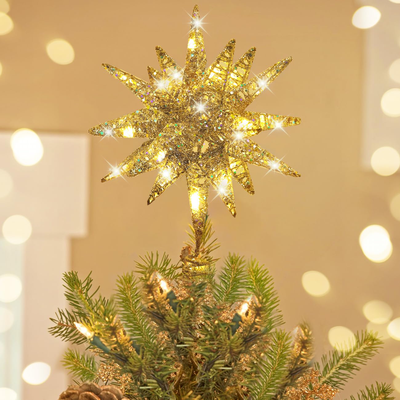Luxspire Puntale Albero Natale LED, Decorazioni Natalizie Luci di Albero, a Forma di Albero con Glitter, Luci LED Albero di Natale, a 2 AA Batterie, Decorazione per Natale Festa Casa, Champagne Oro