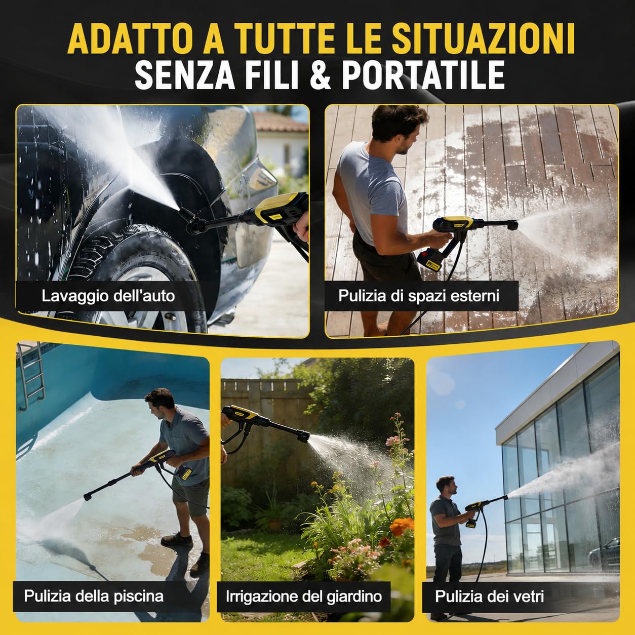 Idropulitrice senza fili, 17 pezzi, 8000 mAh, pressione massima 68 bar, con ugello 6 in 1 e ugello girevole a 180°, idropulitrice portatile per auto, biciclette, terrazze e giardini | Motore brushless, ugello rotante 180°/360°, ugello 6-in-1, attacco per